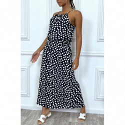 Robe longue noir à petit pois blanc col montant et elastique à la taille