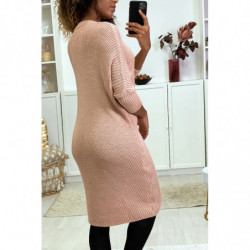 Robe pull rose col V manches chauve souris