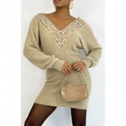 Robe pull taupe cintrée col V hyper douce à poils avec dos à col plongeant