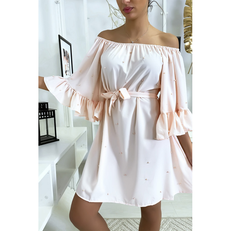 Robe bardot rose à perles