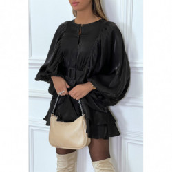 Robe chemise noire à volants et manches chauve souris