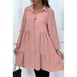 Robe chemise rose à volant et boutons