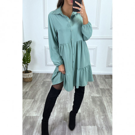 Robe chemise vert d'eau à volant et boutons