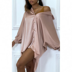 Robe chemise rose satiné over size. Chemise femme ample