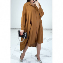 Robe chemise ample camel avec manches chauve-souris