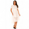 Robe blanche asymétrique et bi matière. Haut à trou et jupe en voilage. F6281