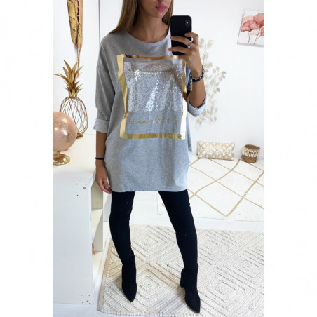 jolie sweat long gris avec dessins dorée et paillettes