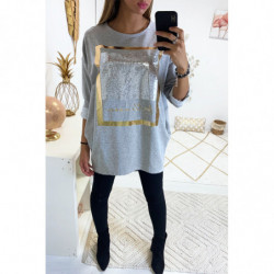 jolie sweat long gris avec dessins dorée et paillettes