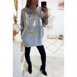 jolie sweat long gris avec dessins dorée et paillettes