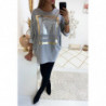 jolie sweat long gris avec dessins dorée et paillettes