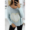 Pull turquoise avec motif coeur en dentelle et broderie