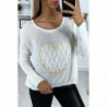 Pull blanc avec motif coeur en dentelle et broderie