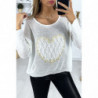 Pull blanc avec motif coeur en dentelle et broderie