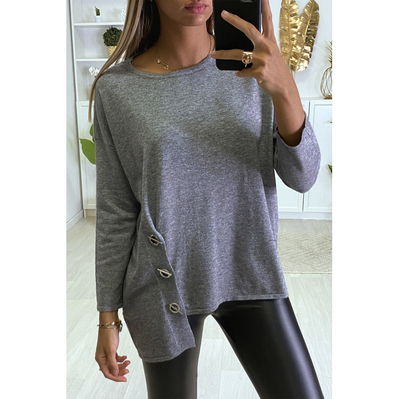 Pull gris pour femme très doux avec oeillets et attaches sur les cotés.