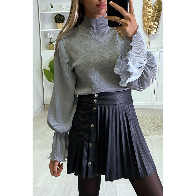 Magnifique pull gris manches bouffante en voile plissé