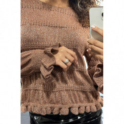 Pull taupe à fine maille torsadée et fil brillant