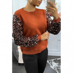 Pull cognac très doux à manche doublé de dentelle et sequin