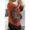 Pull cognac très doux à manche doublé de dentelle et sequin