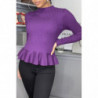 Pull violet côtelé coupe péplum et col haut