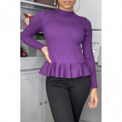 Pull violet côtelé coupe péplum et col haut