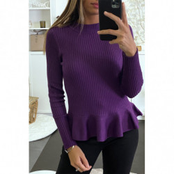 Pull violet côtelé coupe péplum et col haut