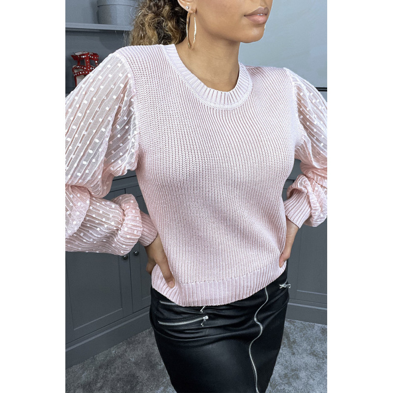 Pull rose à maille fine torsadée et manches en tulle plumetis