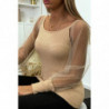 Pull beige col bateaux effet jacquard avec manche en tulle bouffante