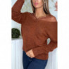 Pull doux cognac avec col bardot en dentelle