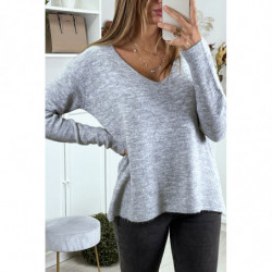 Pull tombant et très doux en gris col V avec tresse au dos