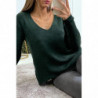 Pull tombant et très doux en vert col V avec tresse au dos