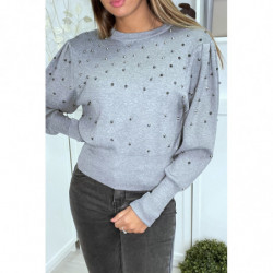 Pull gris manches bouffante clouté devant et aux manches