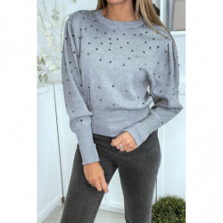 Pull gris manches bouffante clouté devant et aux manches