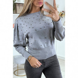 Pull gris manches bouffante clouté devant et aux manches