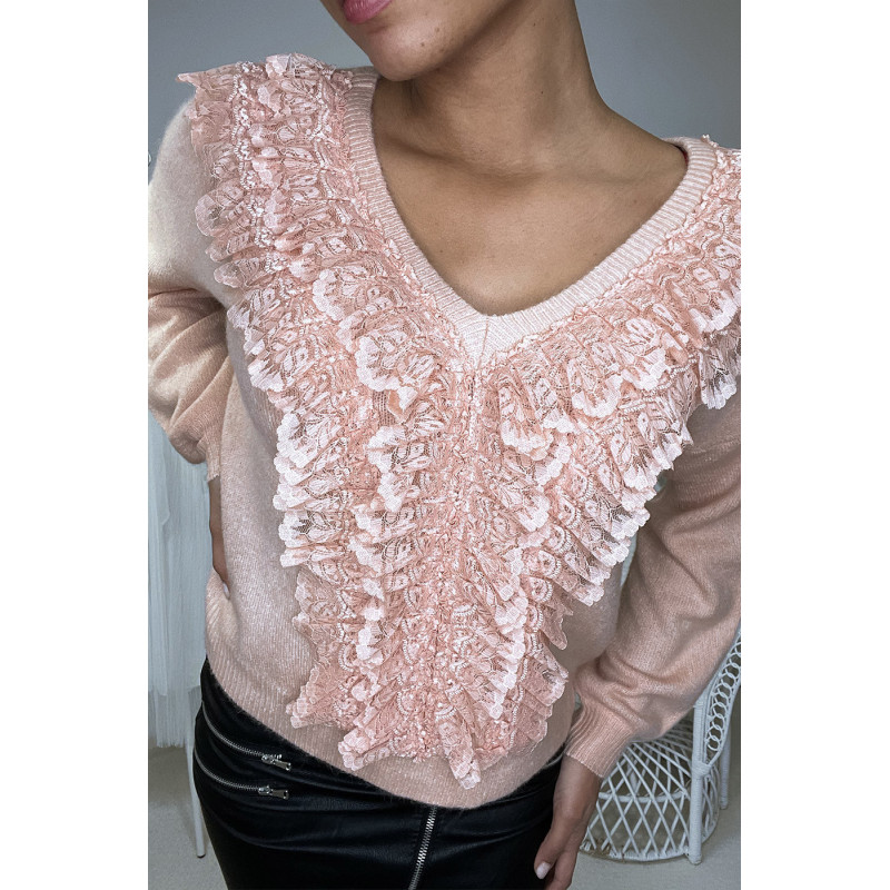 Pull rose en col V avec dentelle à l'avant