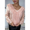 Pull rose en col V avec dentelle à l'avant