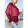 Pull bordeaux bi matière à volant plissé