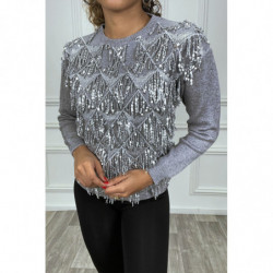 Pull gris à frange en sequin sur le devant. Pull femme