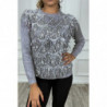 Pull gris à frange en sequin sur le devant. Pull femme