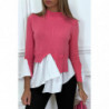 Pull fuchsia en maille fine torsadée bi matière et col haut et asymétrique