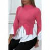 Pull fuchsia en maille fine torsadée bi matière et col haut et asymétrique