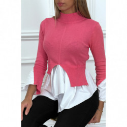 Pull fuchsia en maille fine torsadée bi matière et col haut et asymétrique