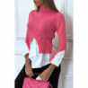 Pull fuchsia en maille fine torsadée bi matière et col haut et asymétrique