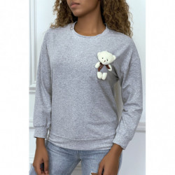 Pull gris manches longues avec poche doudou