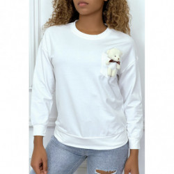 Pull blanc manches longues avec poche doudou