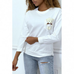 Pull blanc manches longues avec poche doudou