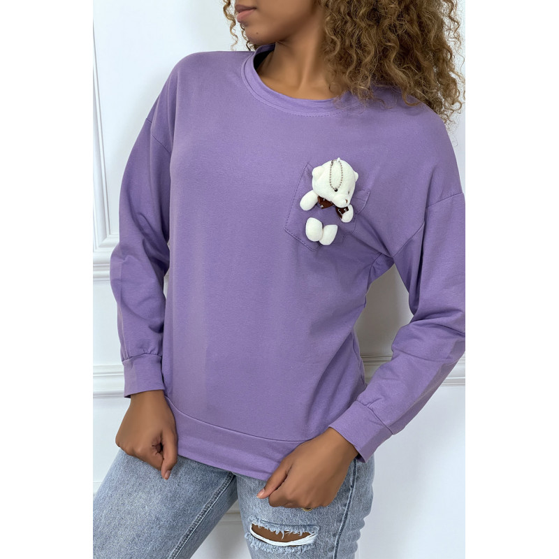 Pull violet manches longues avec poche doudou