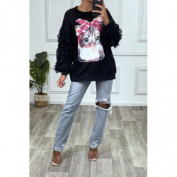 Pull noir à manches longues avec "tête de chat " et détails en sequins rose et dentelles