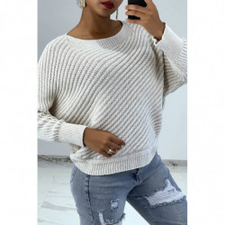 Pull beige en maille rayée et manches chauve-souris