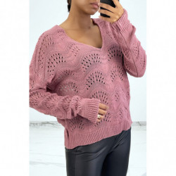 Pull fushia en maille côtelé avec motifs géométriques et manches oversize