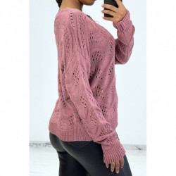 Pull fushia en maille côtelé avec motifs géométriques et manches oversize